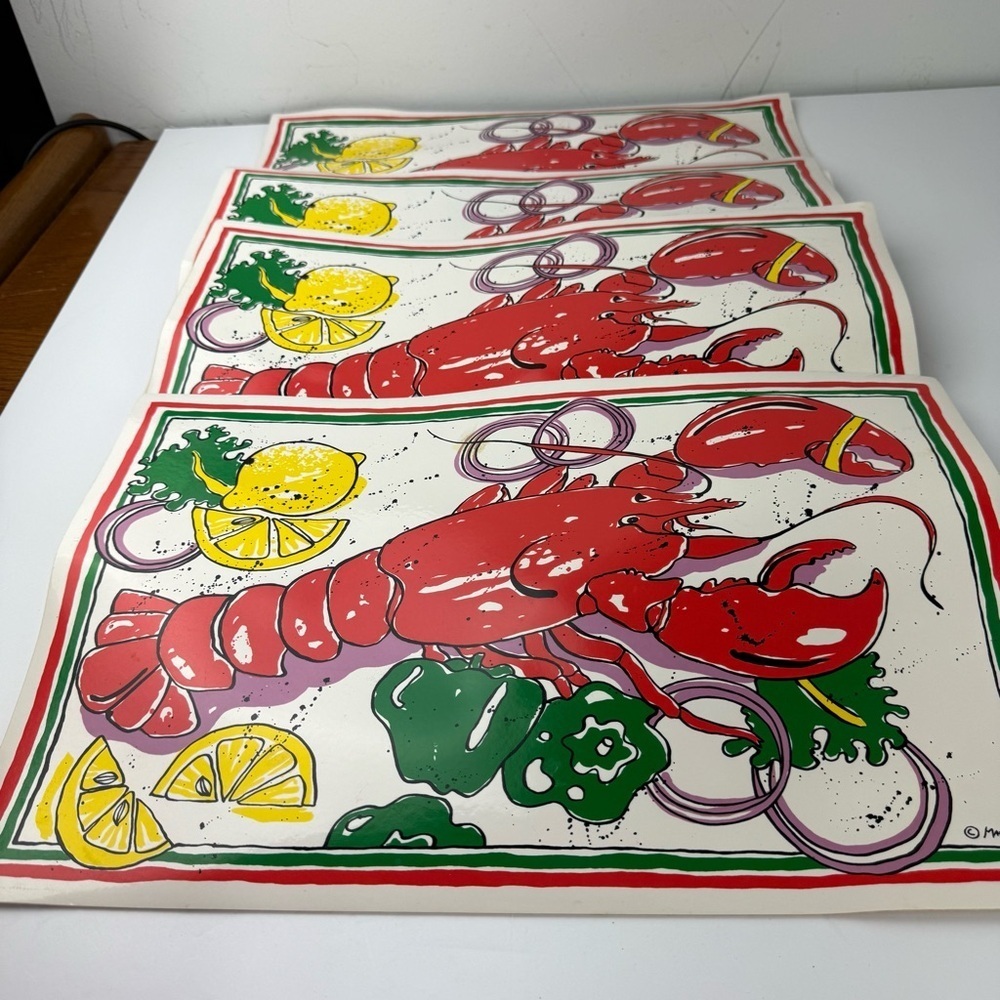 Set of 4 Vintage Lobster Placemat Vinyl Wipeable Crawfish Boil